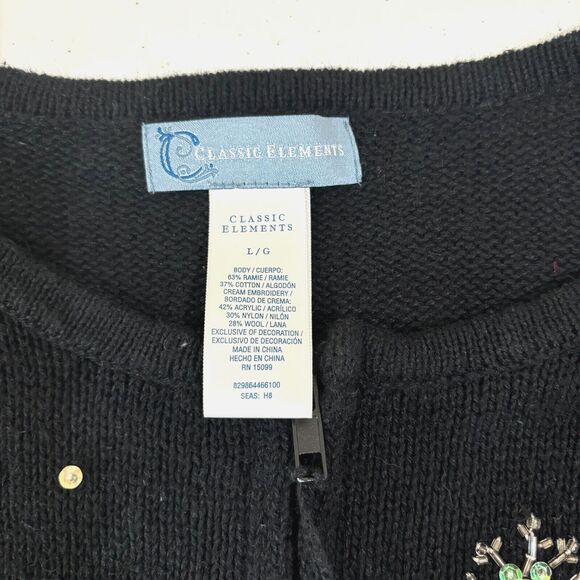 VTG Ugly Black Christmas Sweater Cardigan L Santa 3D Beads Snowflake Tacky - Picture 9 of 11